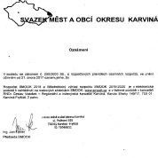 Oznámení o zveřejnění rozpočtu SMOOK 2018 a střednědobého výhledu rozpočtu SMOOK 2019-2020; Adresát: Svazek měst a obcí okresu Karviná